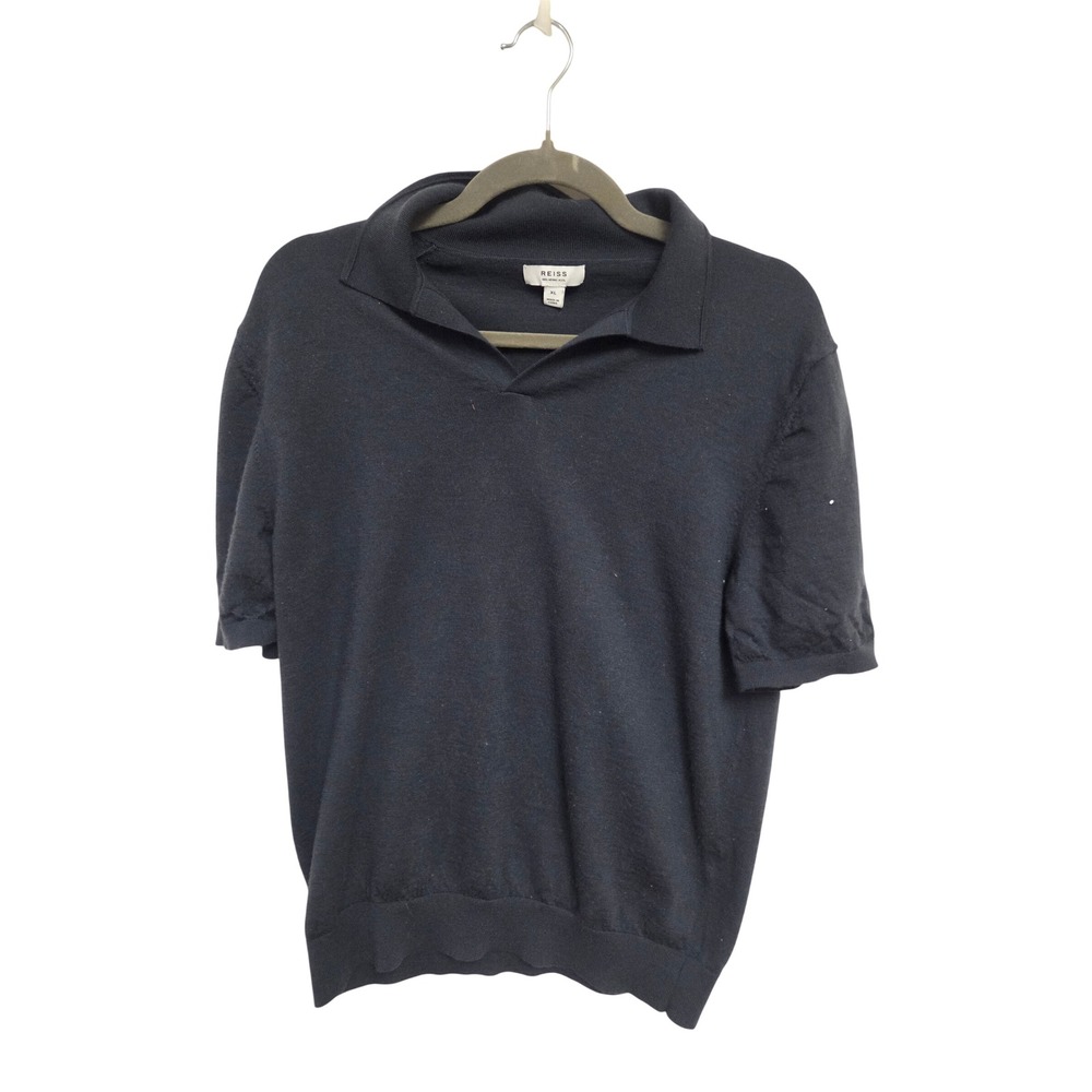 Reiss Navy Blue 100% Merino Wool Short Sleeve Polo Sweater XL